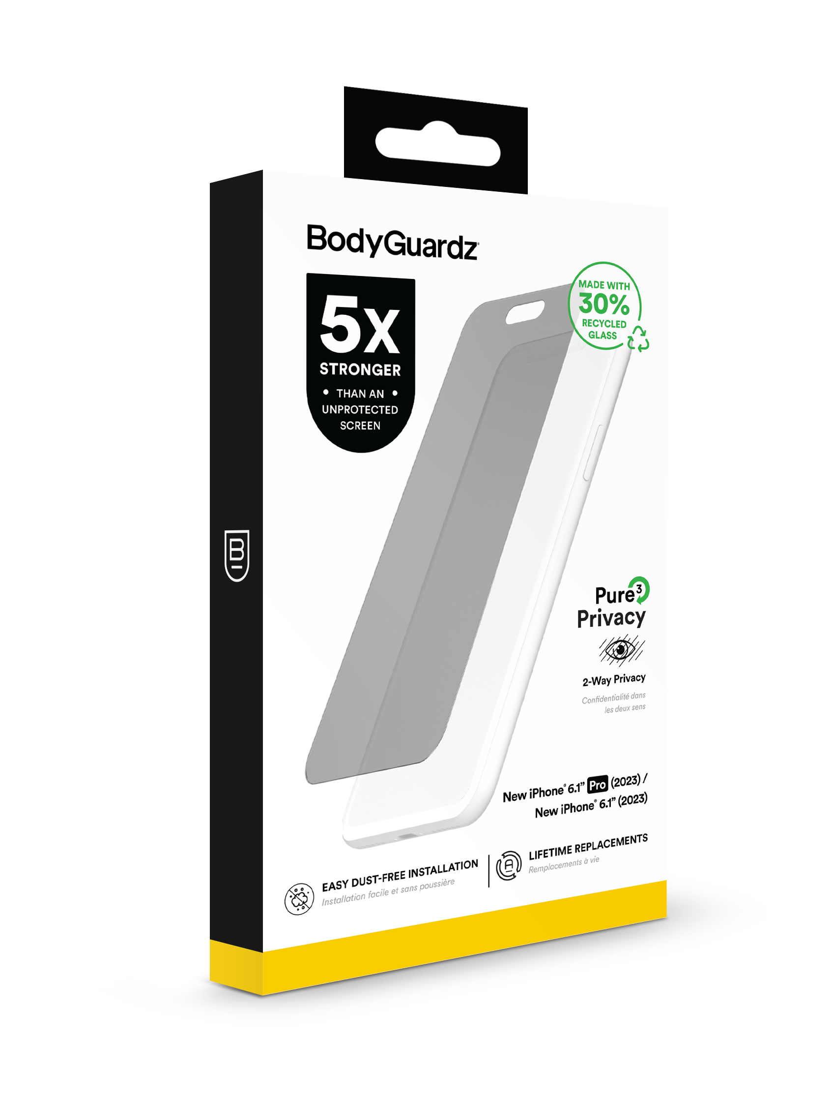 Bodyguardz Pure 3 Privacy Tempered Glass Screen Protector - Clear - iPhone 15 Pro Max/15 Plus